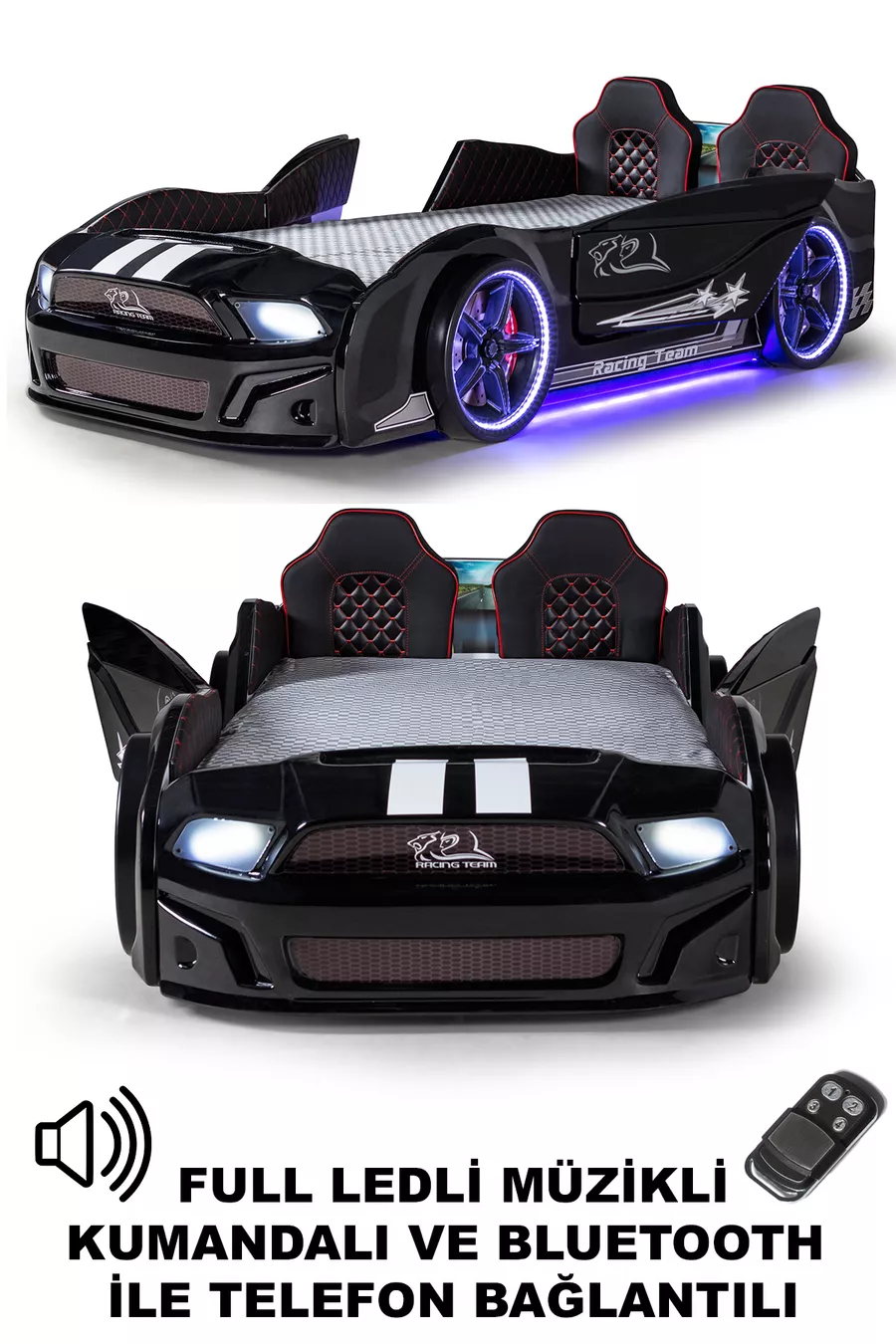 Portes de lit à roulettes noires Mustang avec ouverture, entièrement équipées de LED, télécommandées et avec musique