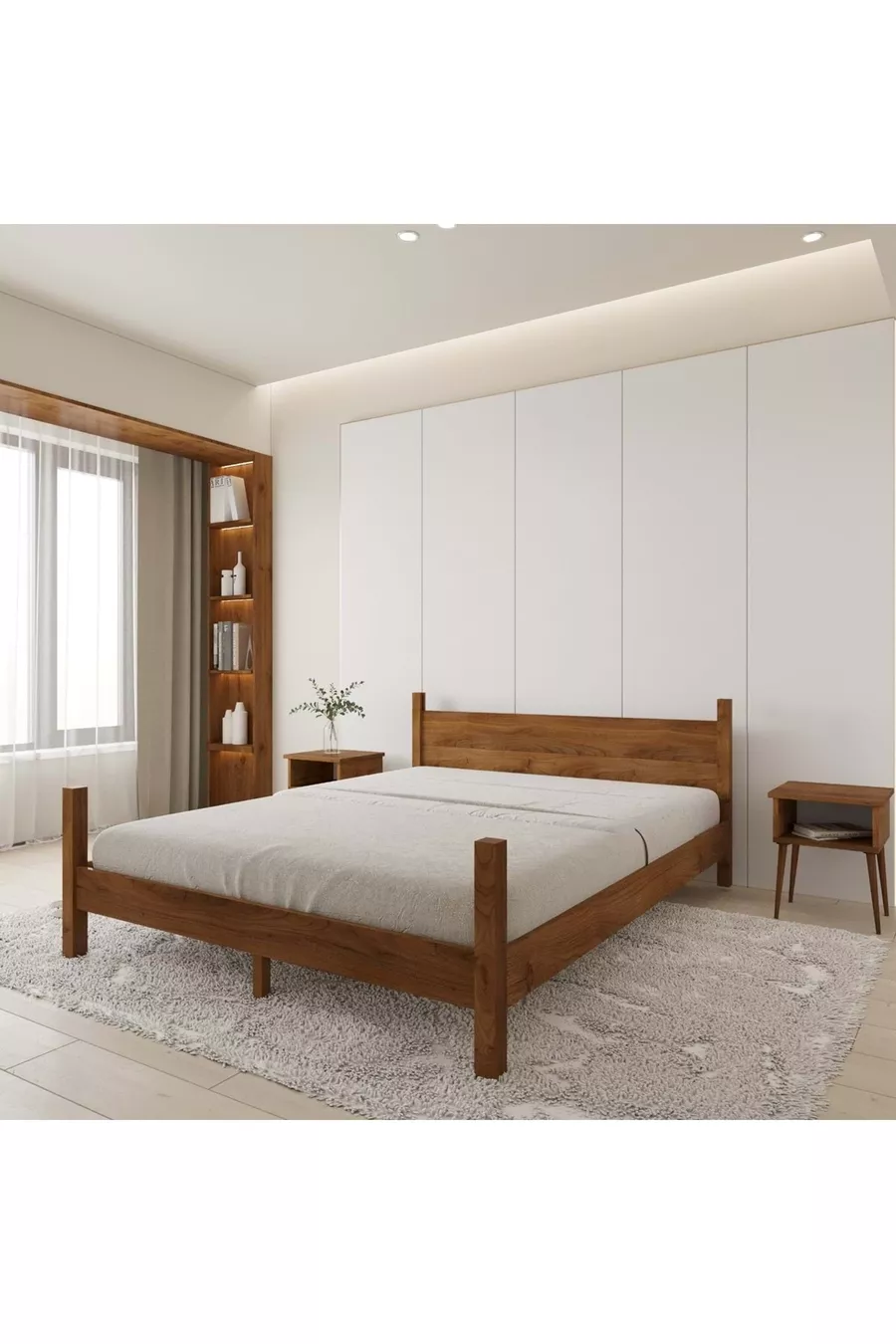 Ensemble Lit en Bois de Pin Couleur Noyer Modèle Mirage et Deux Tables de Chevet