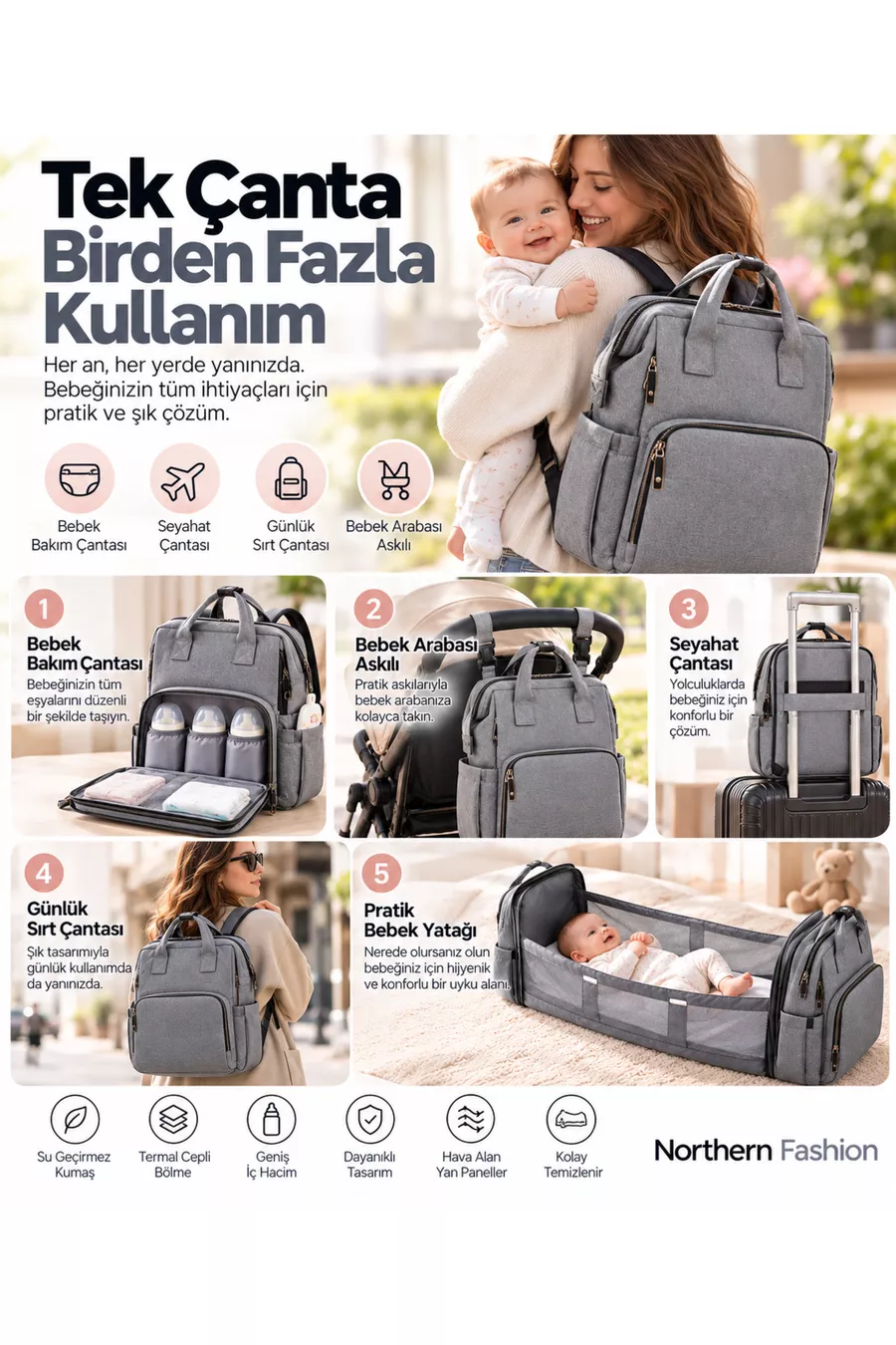 Sac de soins pour mère et bébé avec lit, imperméable, poche thermique pour biberon, sac à dos avec attache pour poussette