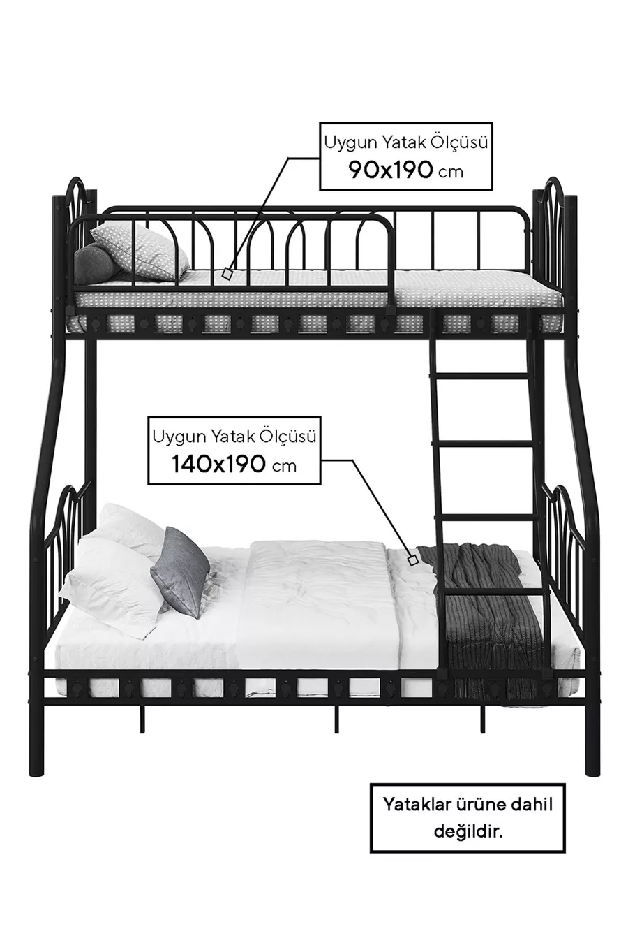 Lit superposé métallique pour 3 personnes avec 3 places pour parents  &  Noir