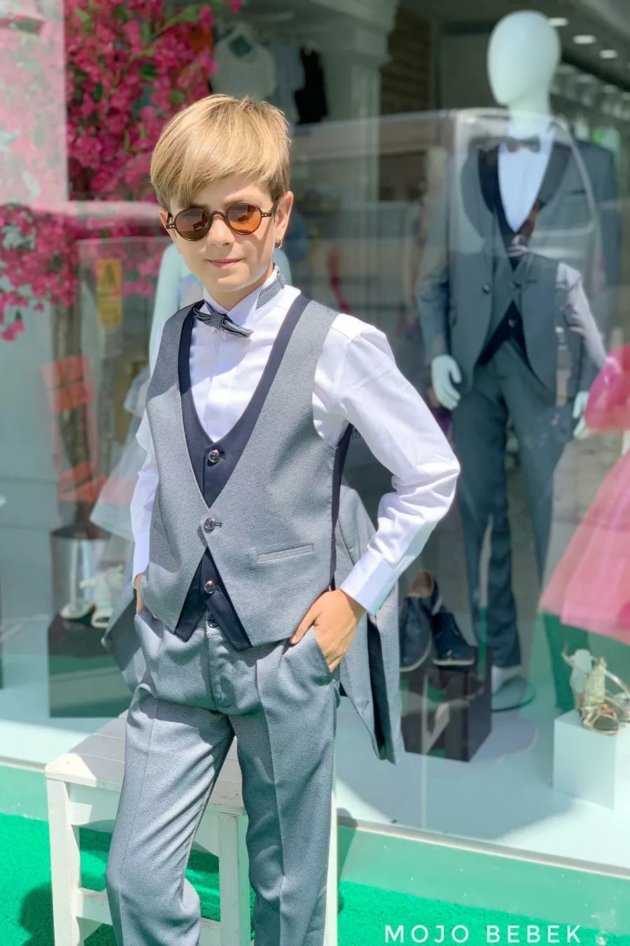 Ensemble de costume classique pour garçon Mojo avec détail de col  Gris-Bleu marine