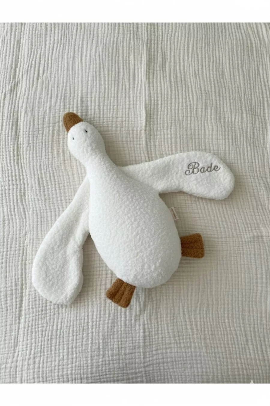 Doudou et jouet de sommeil pour bébé et enfant en forme de canard mignon brodé avec le nom, blanc/marron