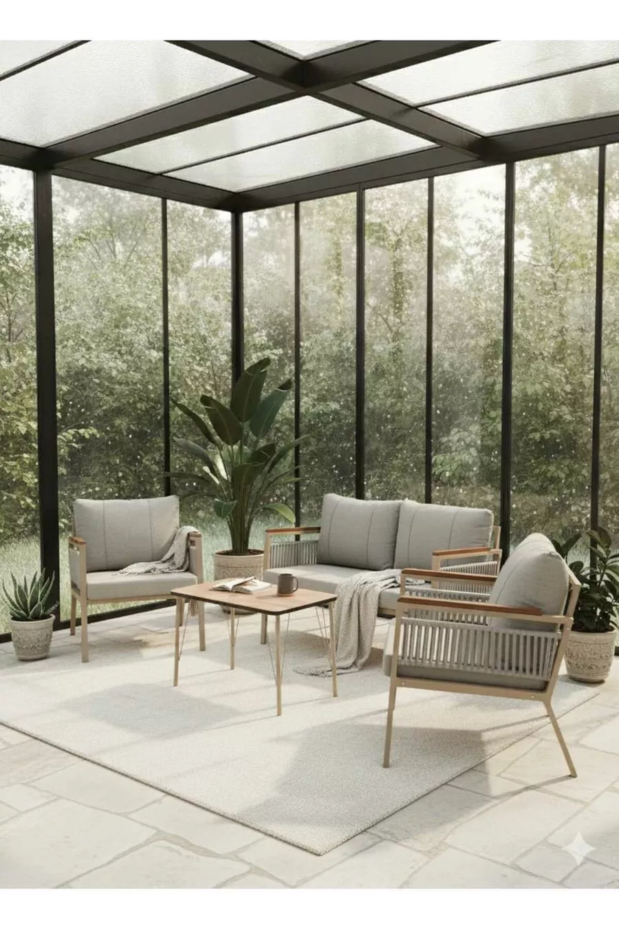 Série Beta  avec table moderne en corde tressée, Mobilier de jardin, Ensemble pour balcon -  Gris clair