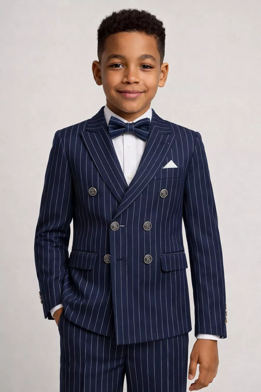 Ensemble de costume pour garçon avec veste à rayures, chemise, pantalon et nœud papillon