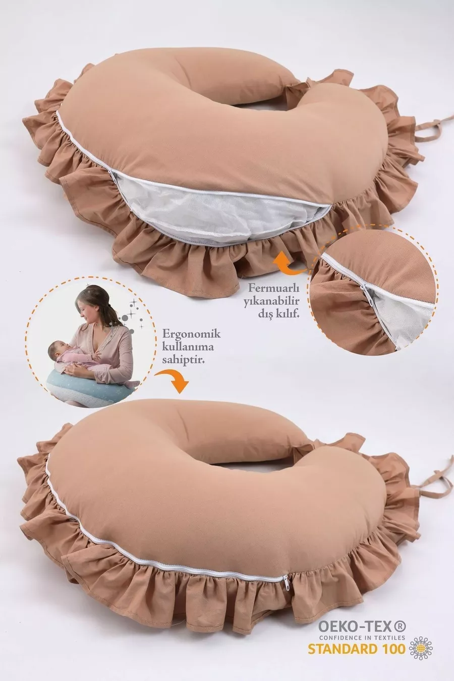 Coussin d'allaitement - % coton - Marron à volants