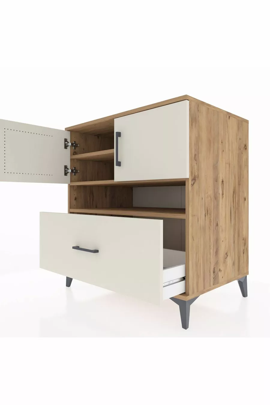 Commode Kronos 3 étagères 1 tiroir 2 portes Pin-Gris