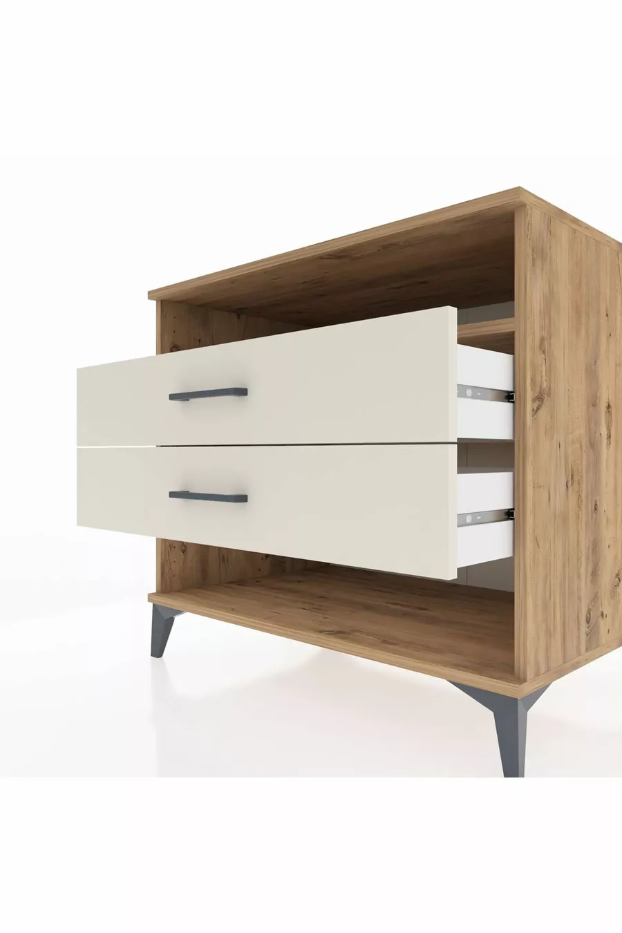 Commode Kronos à une étagère et 2 tiroirs en pin et pierre de lave