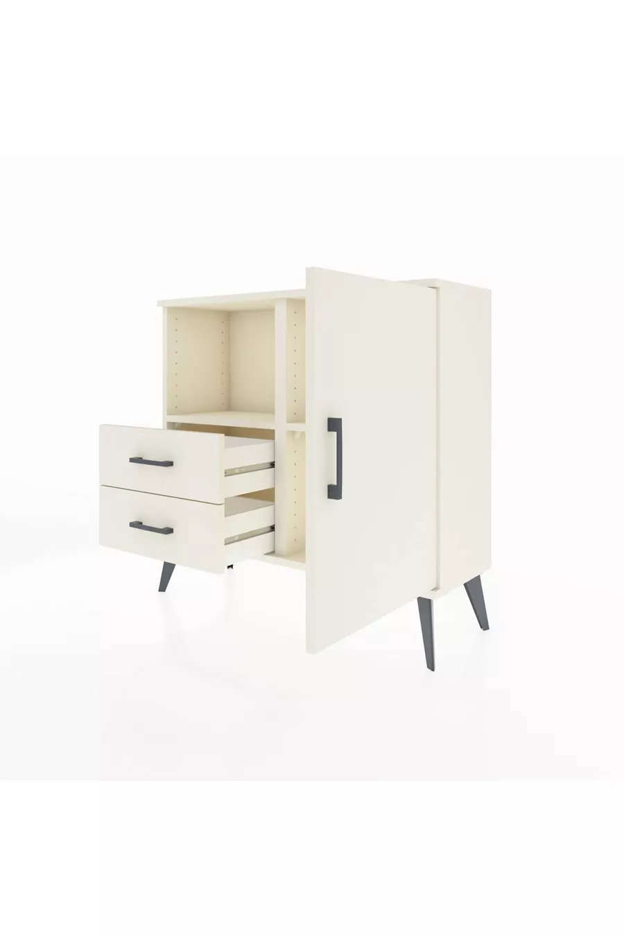 Commode Arges avec 2 étagères, 2 tiroirs et une porte, couleur Oeil-de-pierre