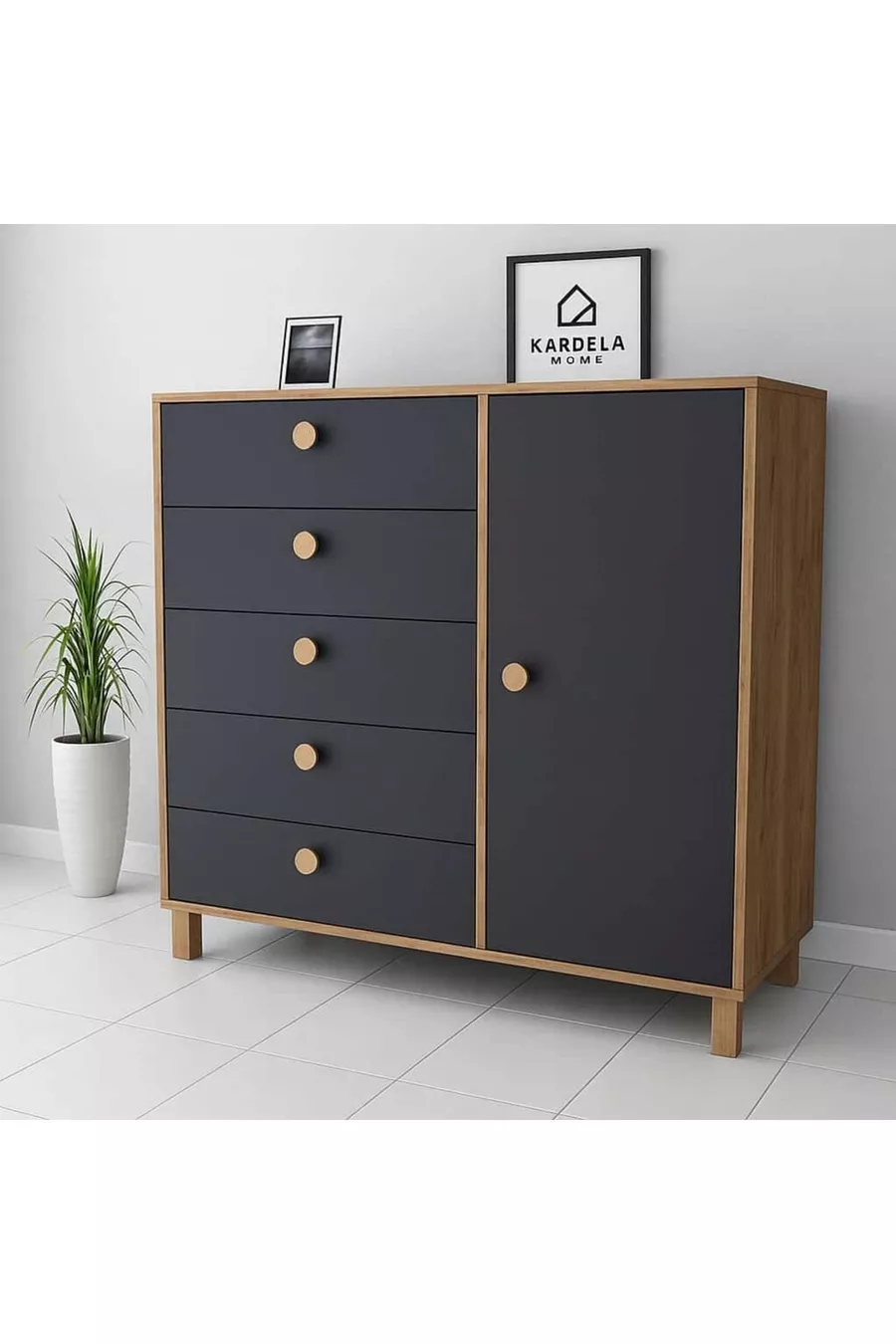 Kardela % MDF Chambre d'enfant Commode pour bébé 5 tiroirs avec porte Anthracite Pin Atlantique