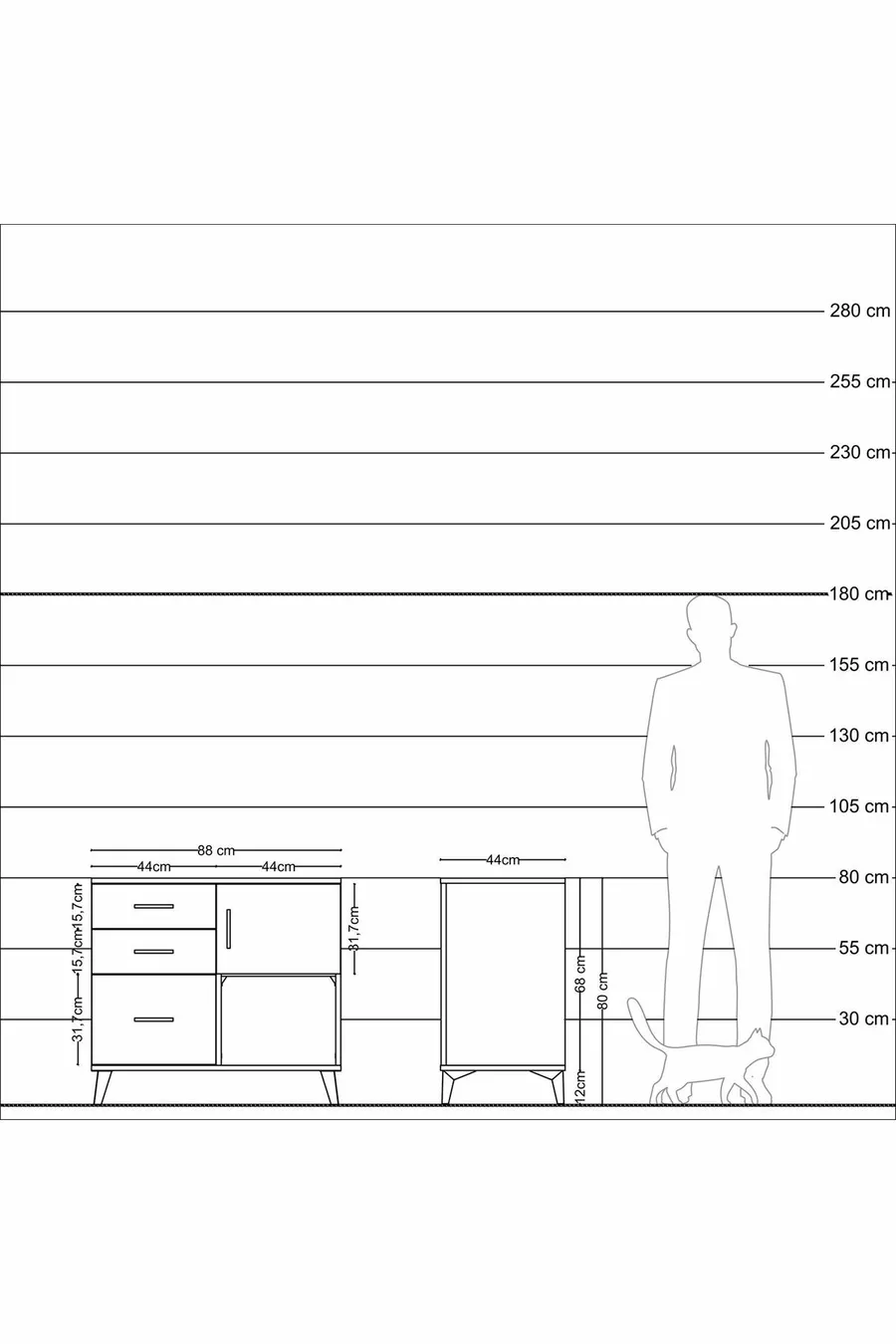 Commode Hyperion avec une seule étagère, 3 tiroirs et une porte, Anthracite-Anthracite/Sapin