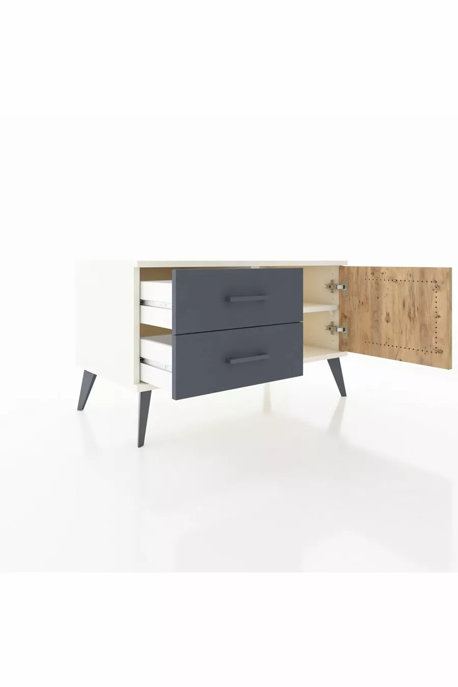 Commode Hyperion à une étagère, 2 tiroirs et une porte, Pierre de Lune-Pin/Anthracite
