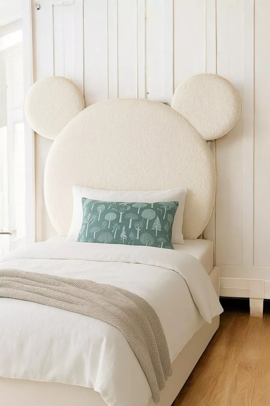 Tête de lit, peluche blanche, tête de lit simple avec coffre, tête de lit en peluche Mickey Mouse