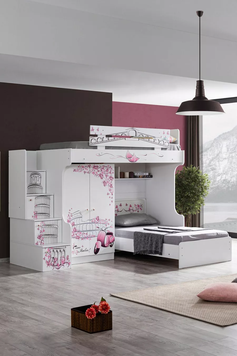 Lit superposé, lit simple Pisa avec armoire et 2 matelas Comfort