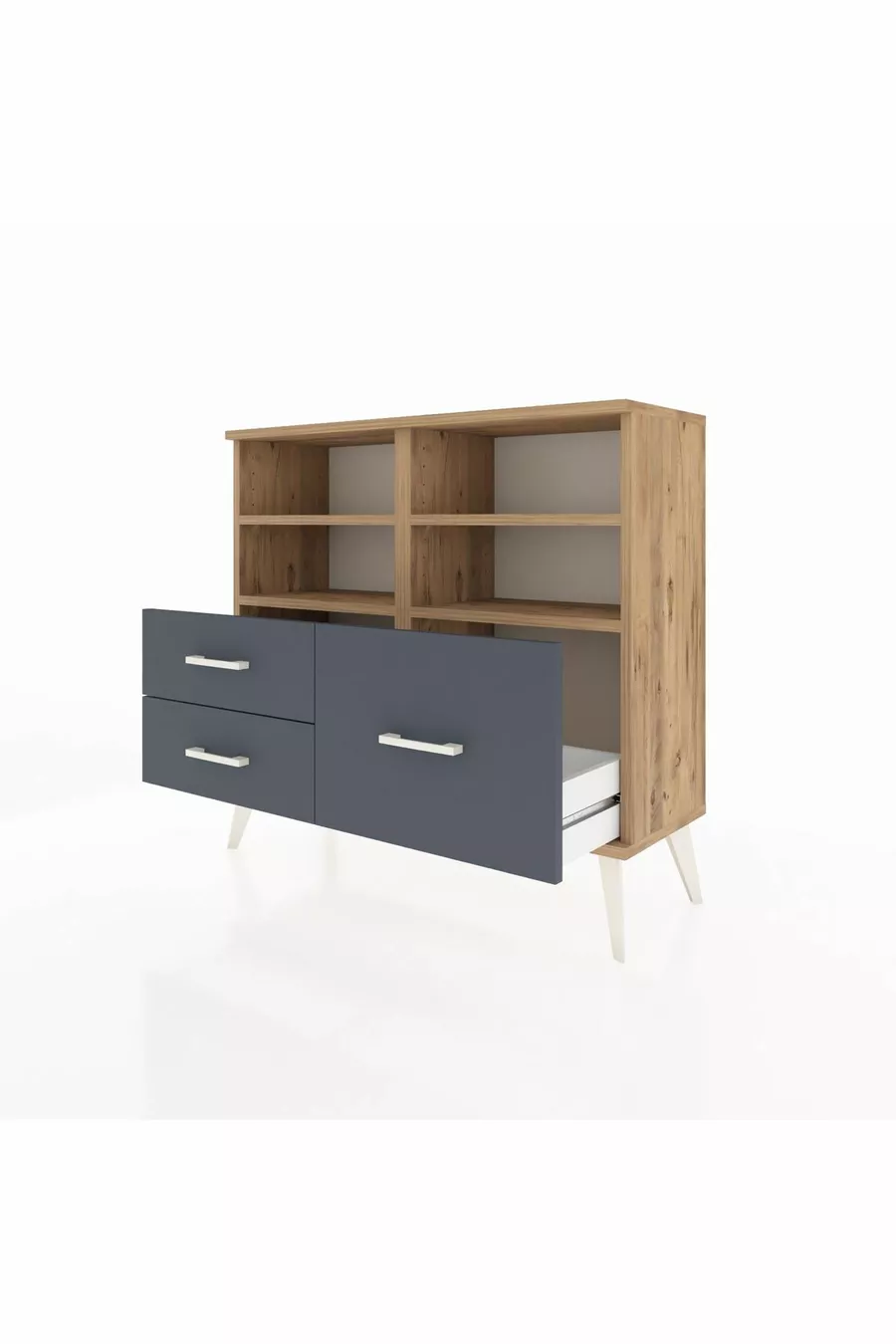 Commode Arges 4 étagères 3 tiroirs Pin-Pin/Anthracite