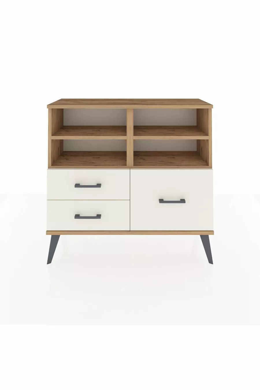 Commode Arges 4 étagères 3 tiroirs Pin-Pin/Pierre de lune