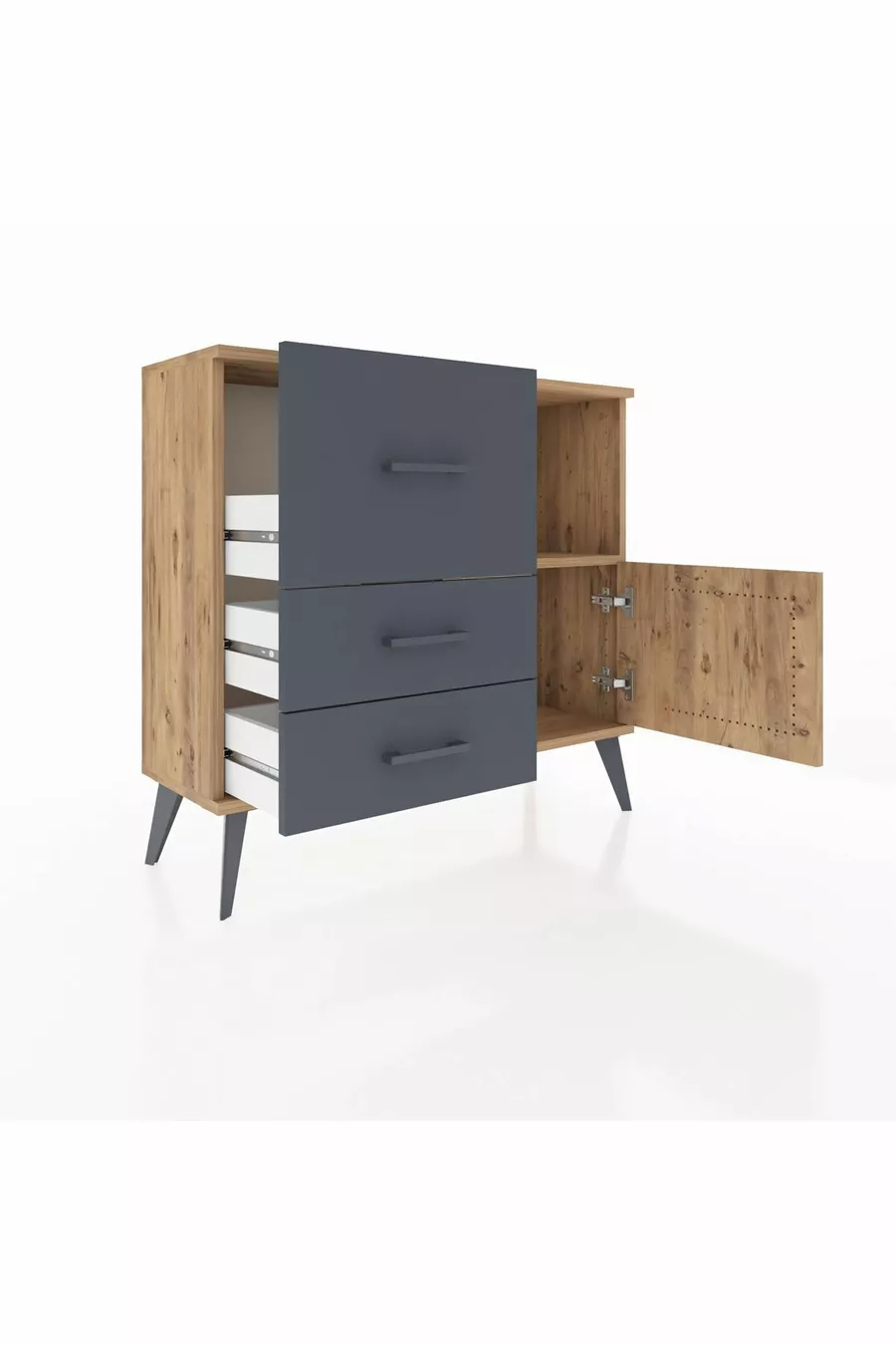 Commode Arges avec une seule étagère, 3 tiroirs et une porte, Pin-Pin/Anthracite