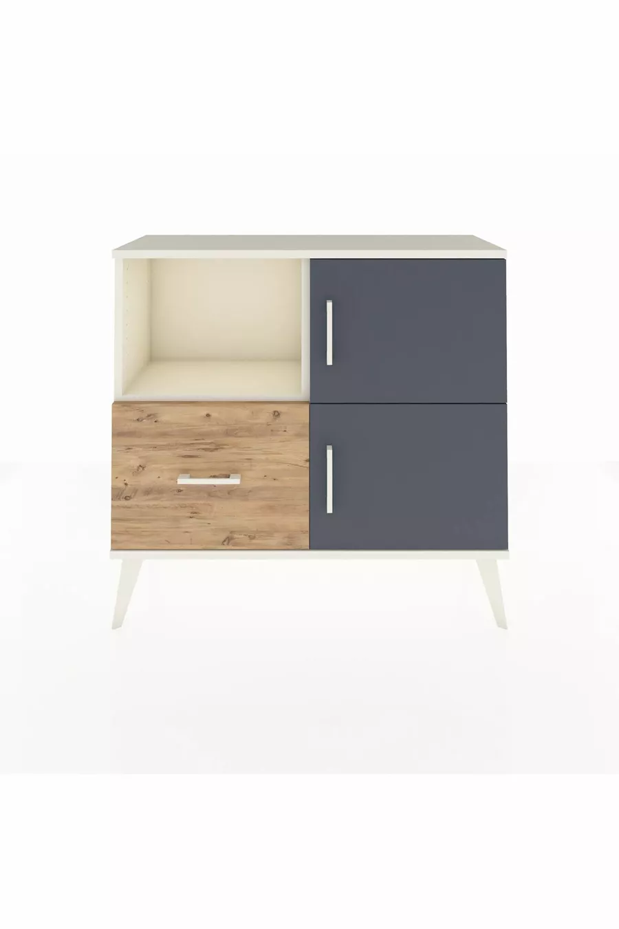 Commode Arges avec 2 étagères, 1 tiroir, 2 portes, couleur Pierre de lune-Anthracite/Pin