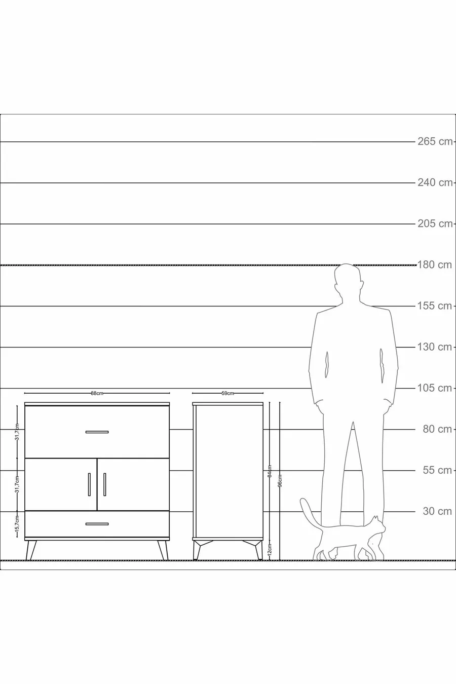 Commode Kronos avec une étagère, 2 tiroirs et 2 portes, anthracite-pierre de lune