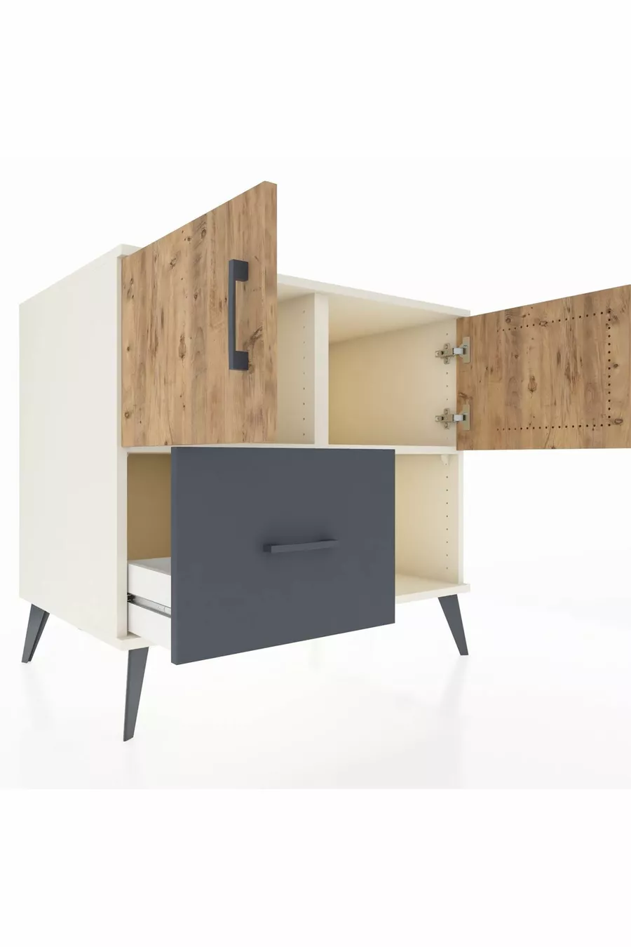 Commode Kronos avec 2 étagères, 1 tiroir et 2 portes, Albâtre-Pin/Anthracite