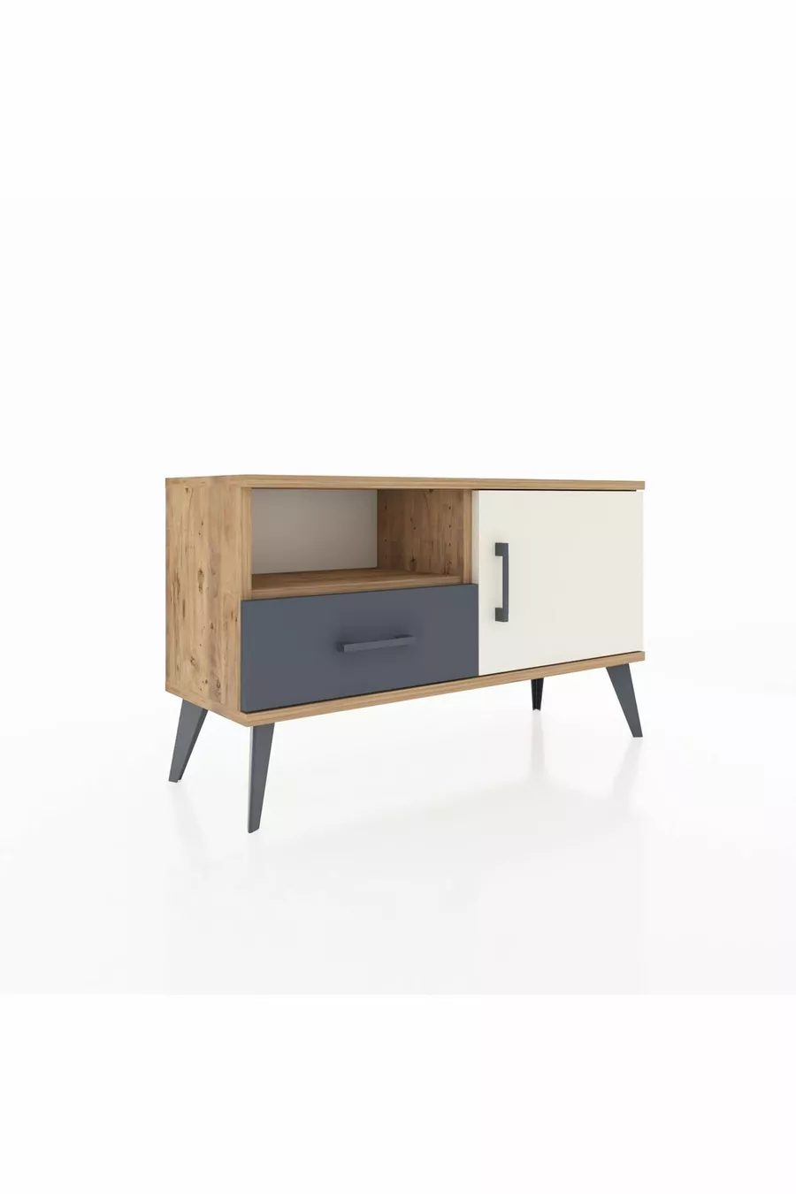 Commode Arges avec 2 étagères, 1 tiroir et 1 porte, en pin-pierre d'âme / anthracite