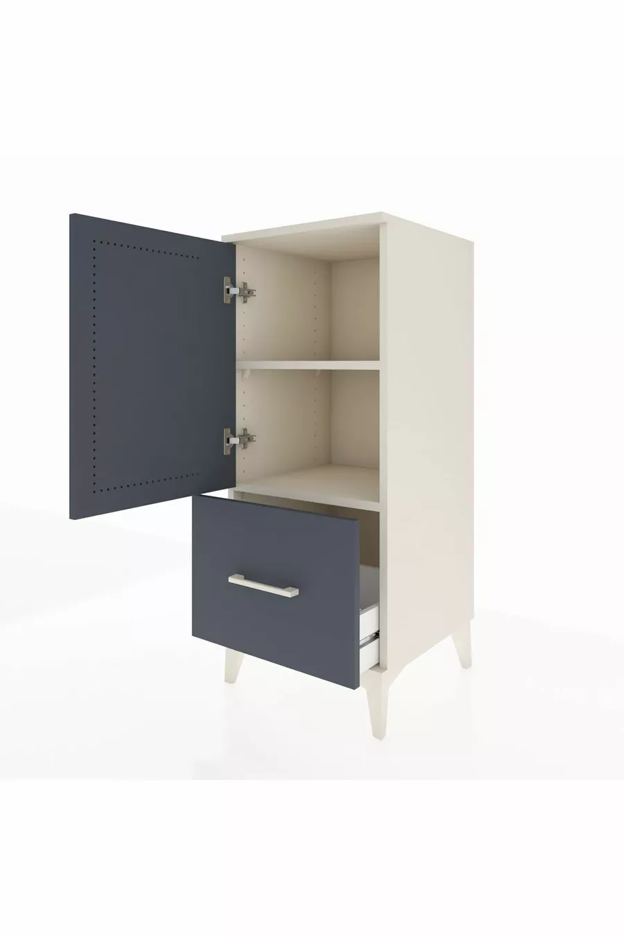 Table de chevet Hyperion avec 2 étagères, 1 tiroir et 1 porte, couleur Pierre de Lune-Anthracite