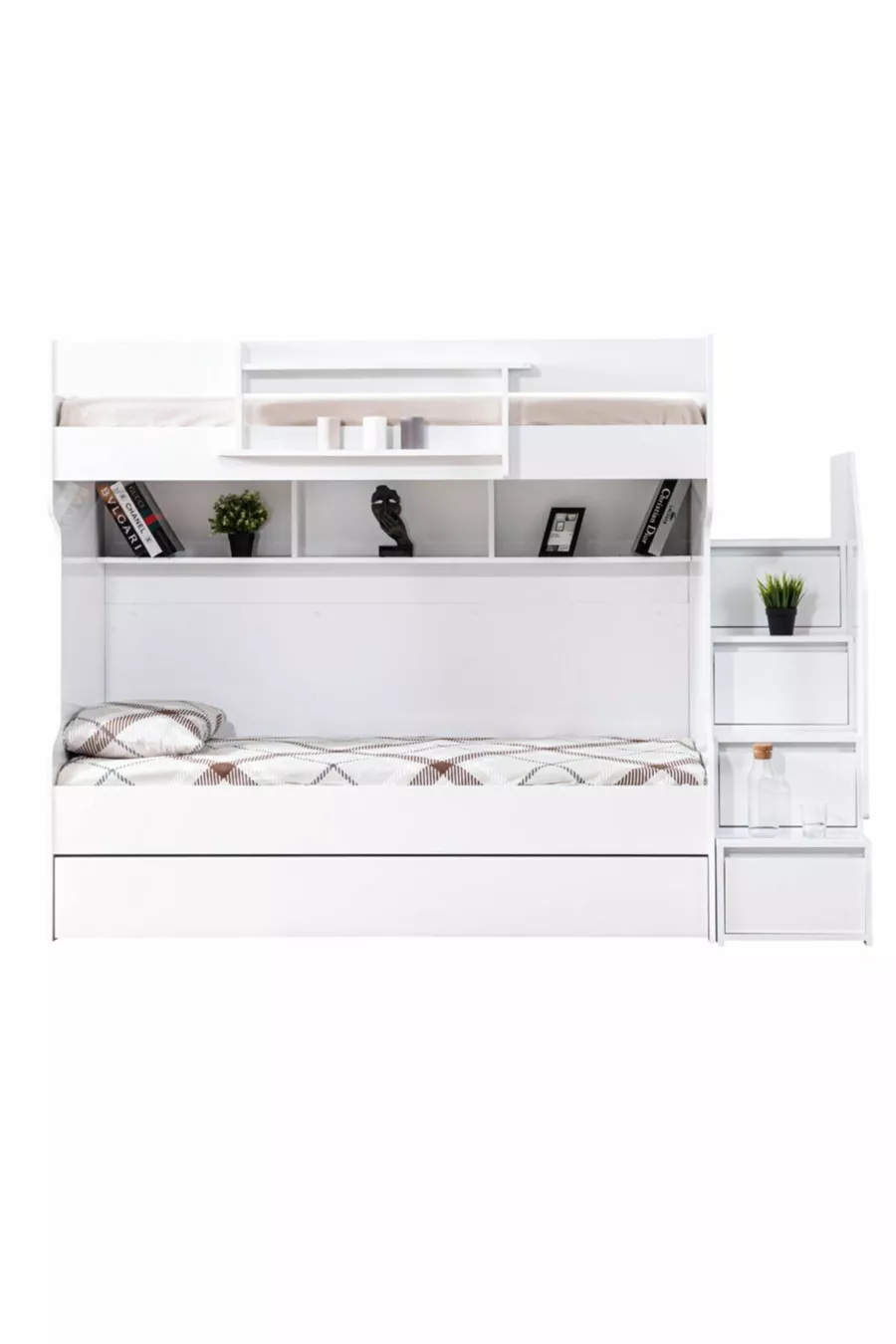 Lits superposés Ranza, courageux avec petit lit - Blanc, 2 matelas confort