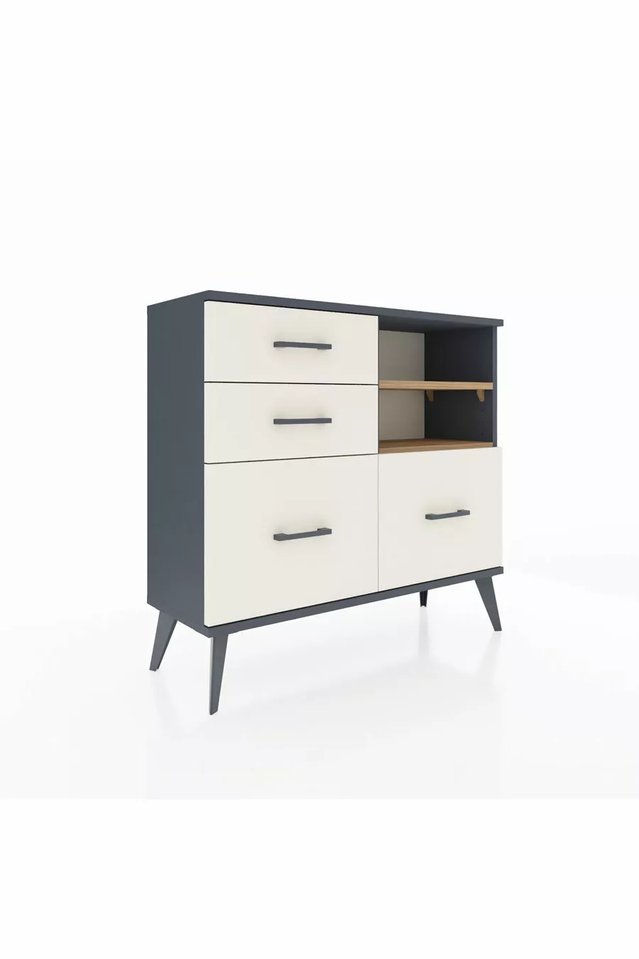 Commode Arges 2 étagères 4 tiroirs Anthracite-Pin/Pierre de Lune