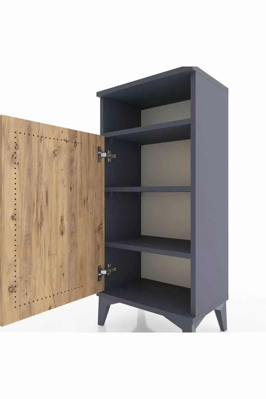 Table de chevet Arges à 3 étagères avec une porte, Anthracite-Pin