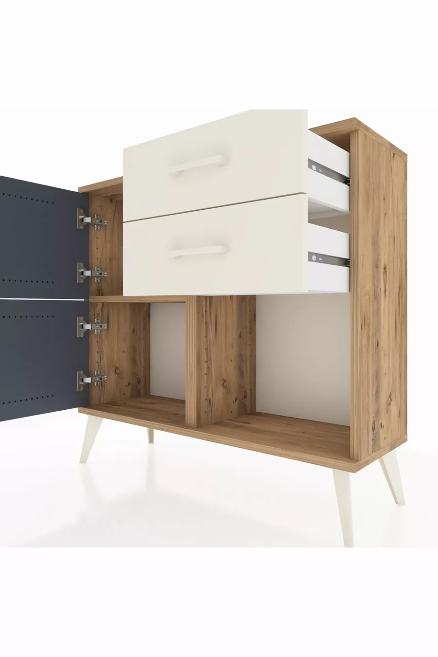 Commode Arges avec une seule étagère, 2 tiroirs et 2 portes, pin-anthracite/pierre de lune