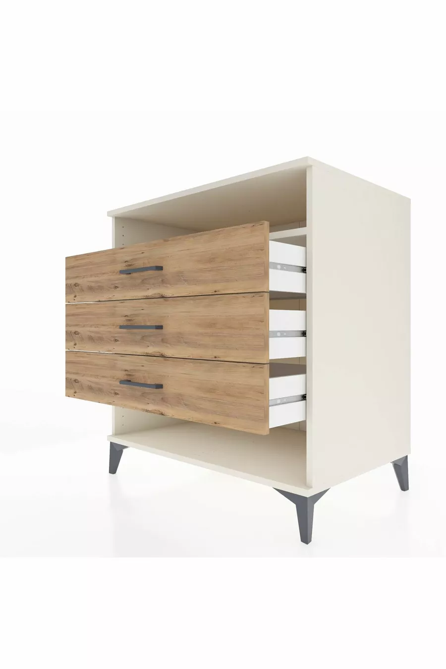 Commode Kronos avec une étagère et 3 tiroirs, Pierre de lune-Pin