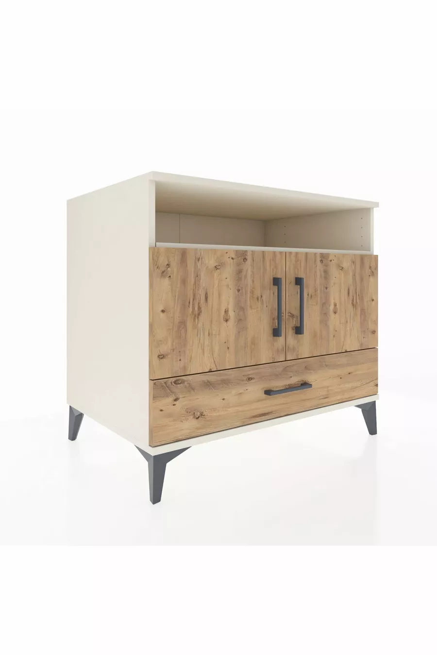 Commode Kronos avec 3 étagères, 1 tiroir et 2 portes, Pierre de Lune-Sapin