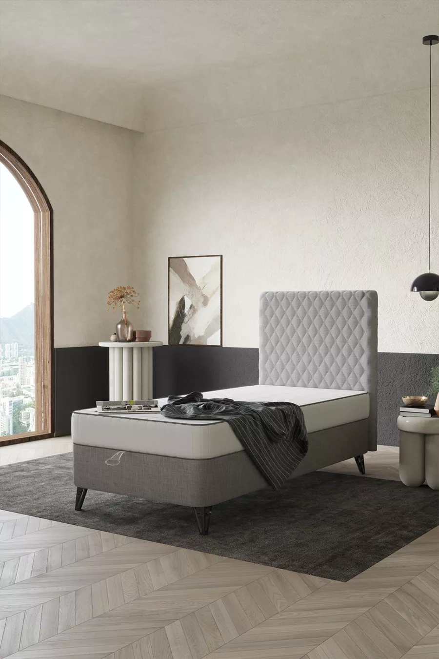 Set de lit en tissu ProBasic pour une personne (sommier, tête de lit, matelas)