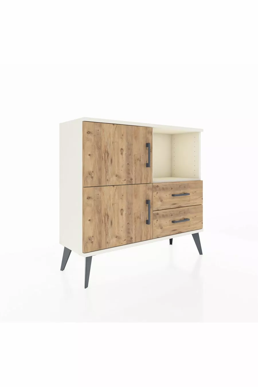 Commode Arges avec 2 étagères, 2 tiroirs et 2 portes, couleur Pierre de lune-Pin