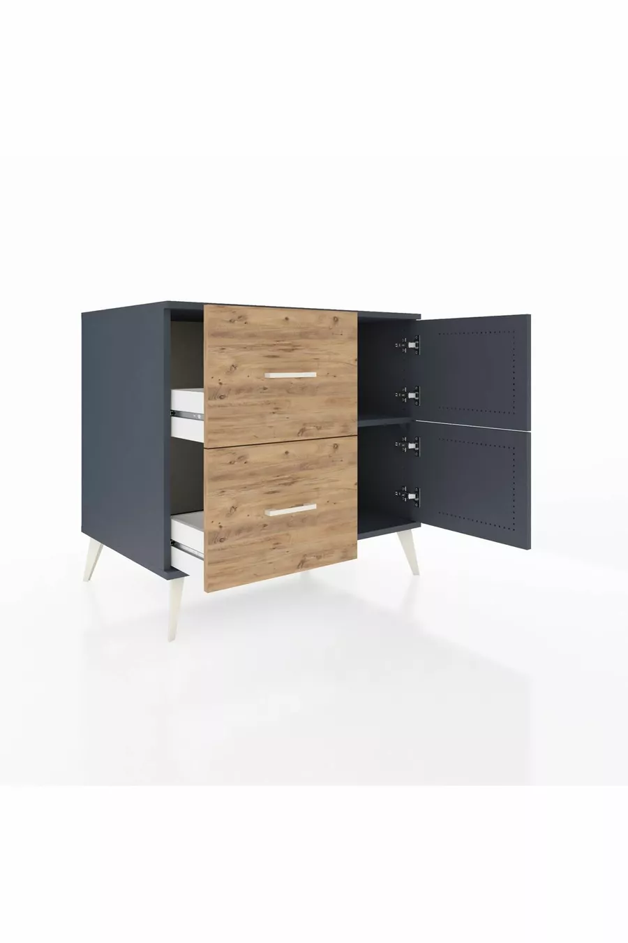 Commode Kronos à une étagère, 2 tiroirs, 2 portes Anthracite-Anthracite/Sapin