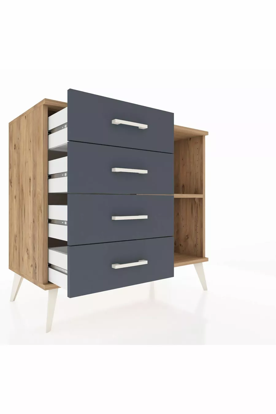 Commode Hyperion à une étagère, 4 tiroirs, Pin-Pin/Anthracite