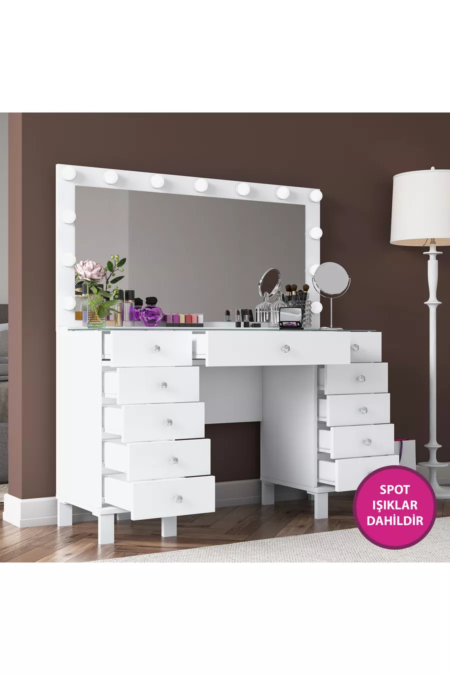Rani Coiffeuse de Coulisses avec Miroir et Lumières Hollywood, Organisateur de Bijoux avec Tiroirs, Blanc
