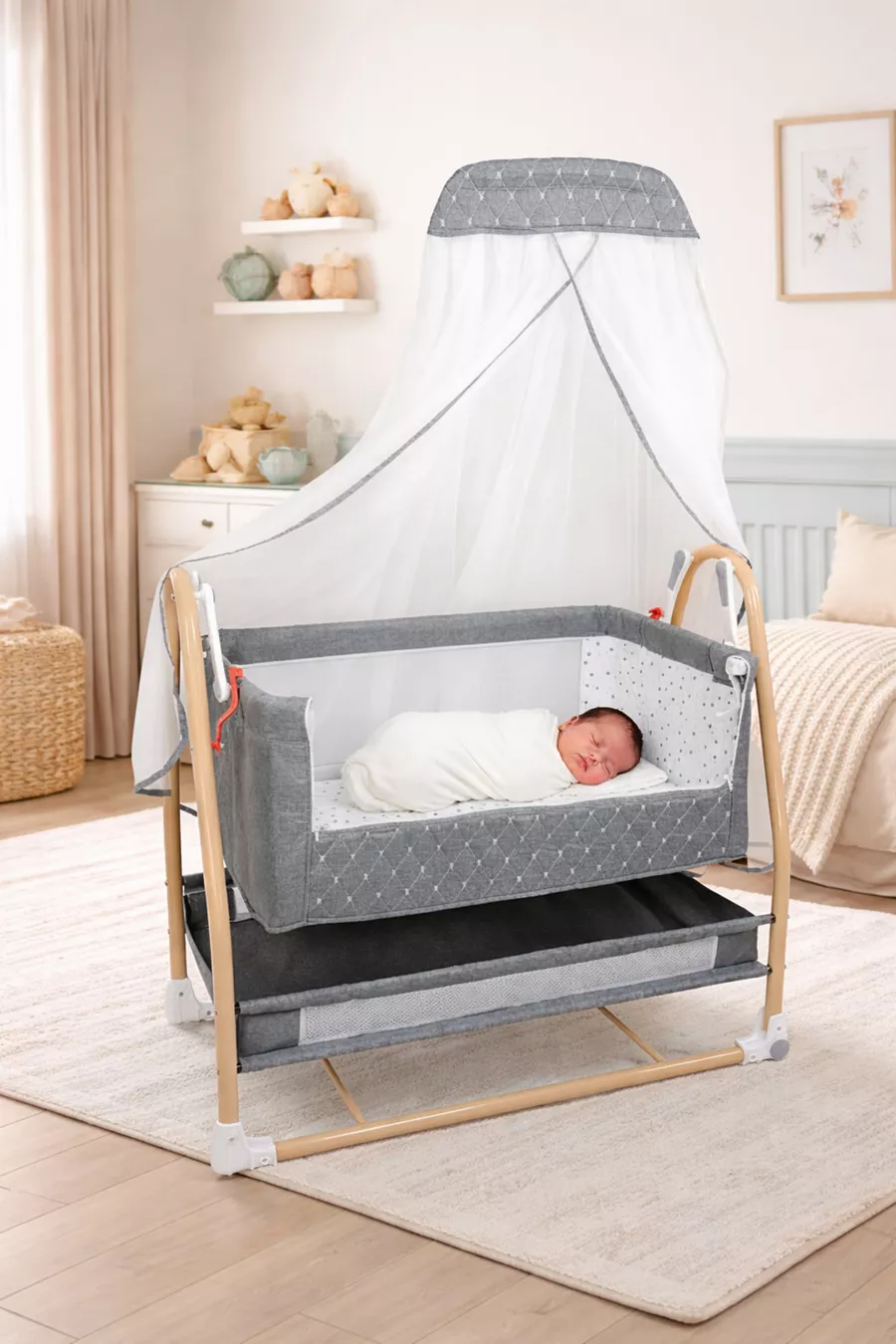 Berceau Royal Anne à Côté avec Tulle, Berceau Panier, Berceau Bascule pour Bébé, Berceau à Côté de la Maman