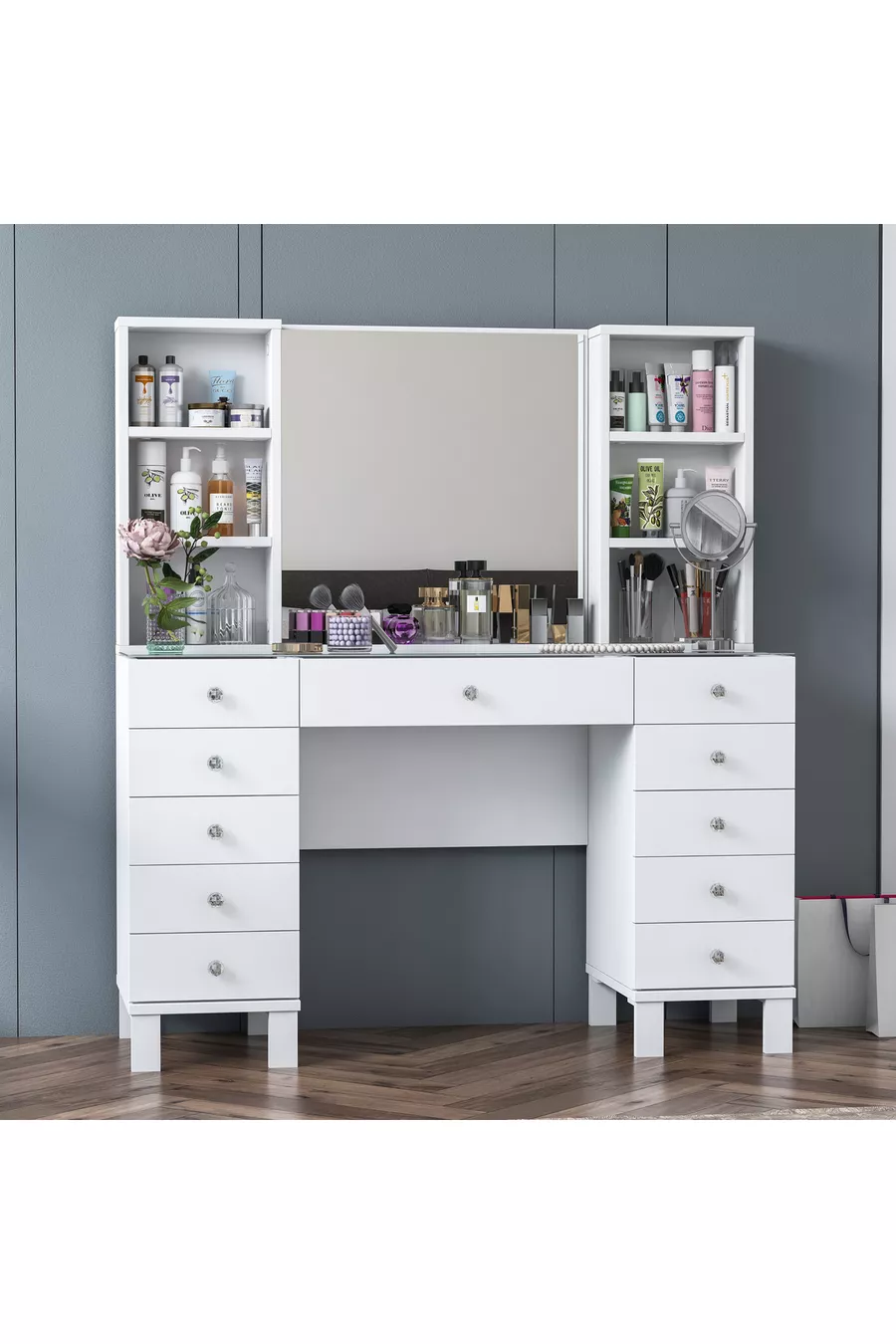 Rani Coiffeuse avec Tiroirs, Étagères et Miroir, Organisateur de Bijoux Blanc