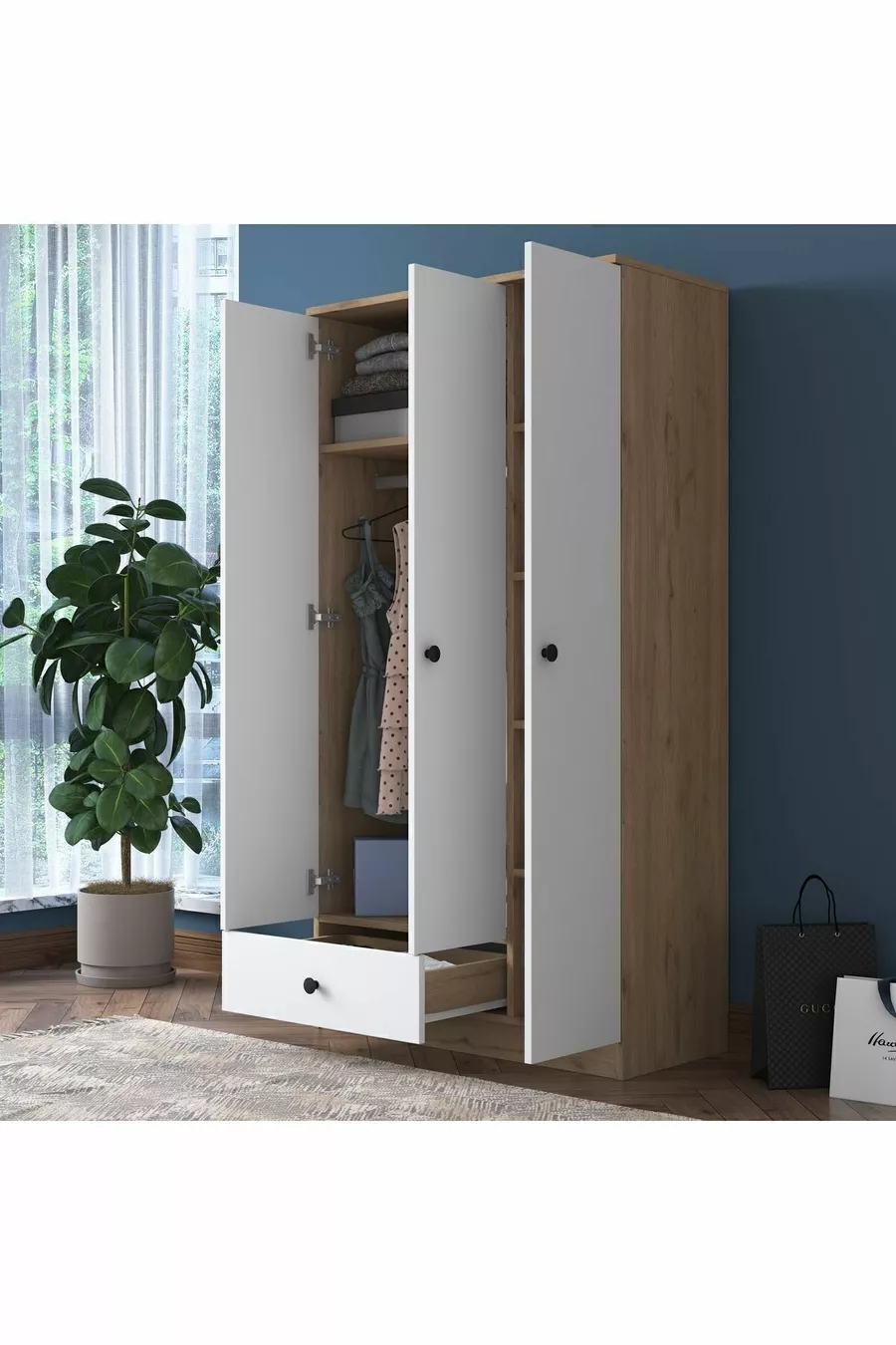 Armoire Rani  Wardrobe 3 portes 1 tiroir 6 étagères 1 panier suspendu Noyer - Blanc