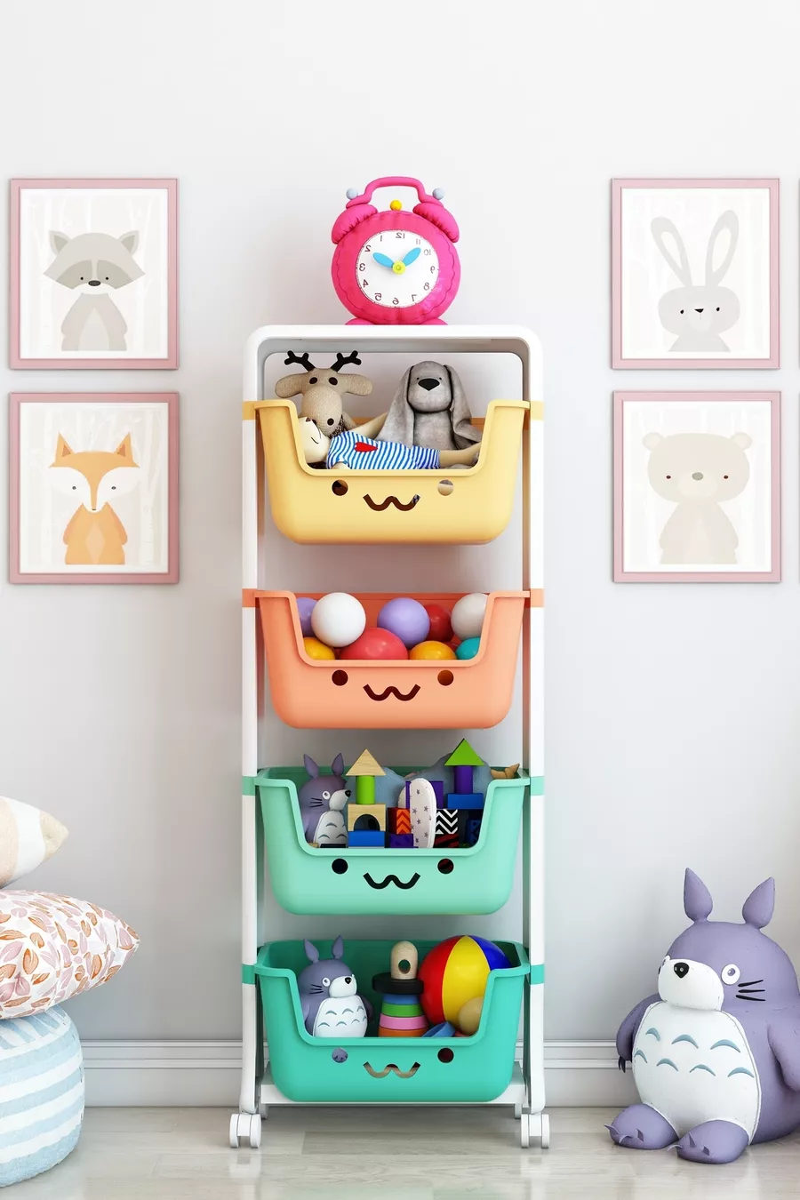 Armoire à jouets à 4 niveaux, organisateur de jouets, armoire à jouets avec panier