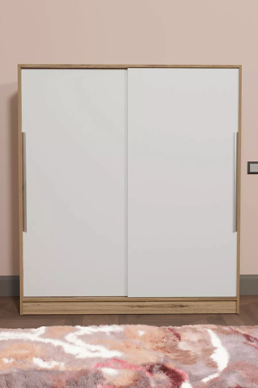 Armoire coulissante  Zambak avec étagères, tiroirs et tringle, en pin (portes blanches)