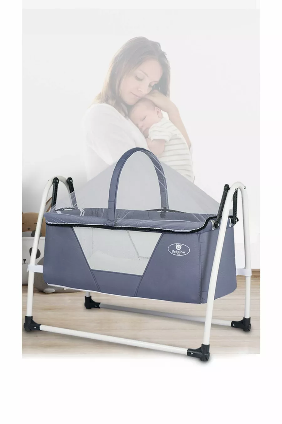Berceau luxueux portable Anthracite Sobee pour bébé, avec installation fixe et balançoire