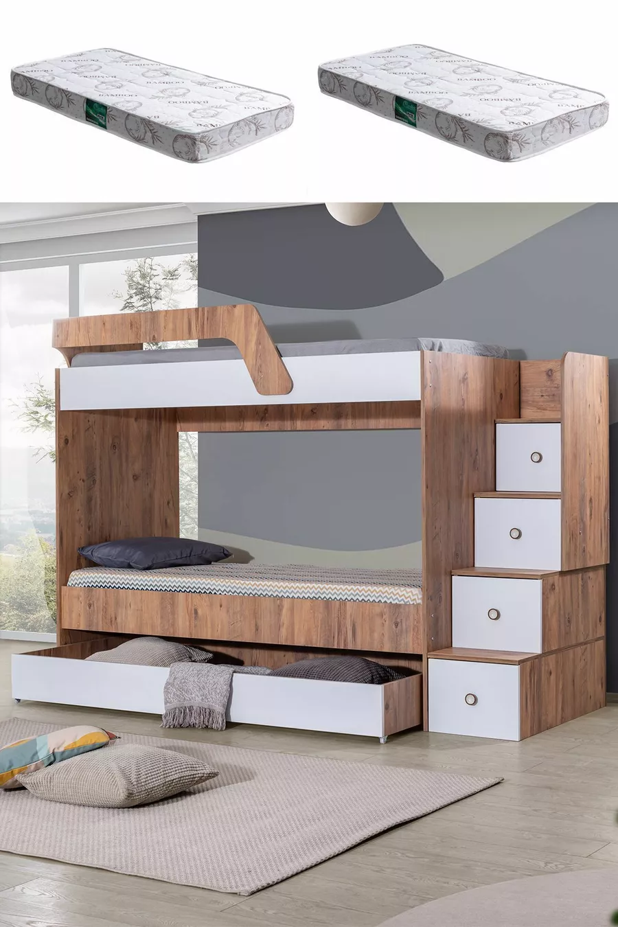 Lits superposés, Lit superposé triple avec échelle + 2 matelas confort