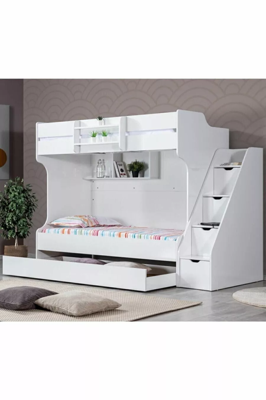 Lits superposés, Lit superposé avec tiroirs Kardem - Blanc + 2 matelas Comfort