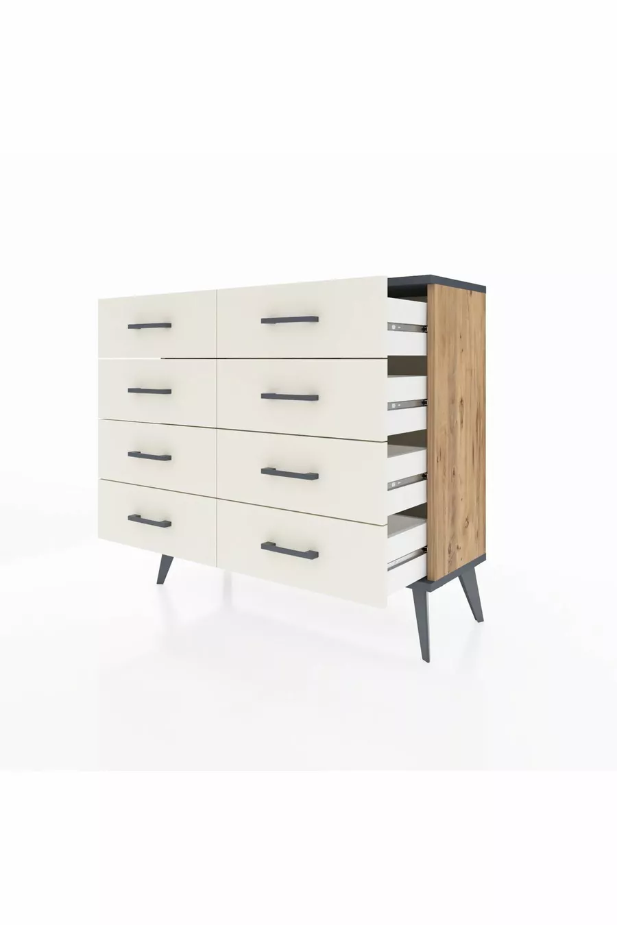 Commode Arges 8 tiroirs Pin-Anthracite/Gris pierre