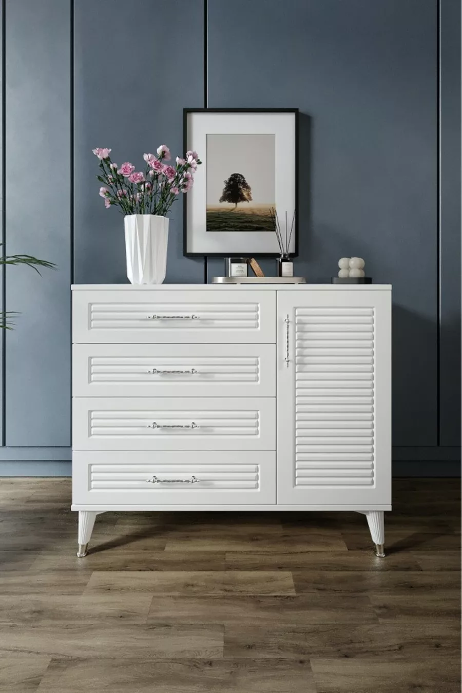 Commode moderne à 4 tiroirs avec volets et 1 porte, design moderne, porte en MDF, blanc argenté