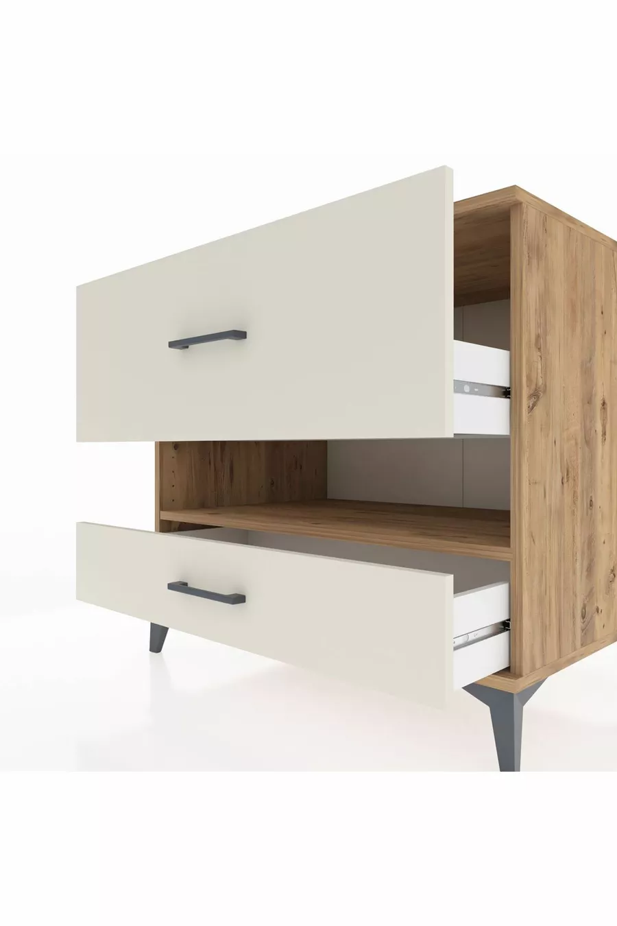 Commode Kronos à une étagère et 2 tiroirs en pin et pierre de lave