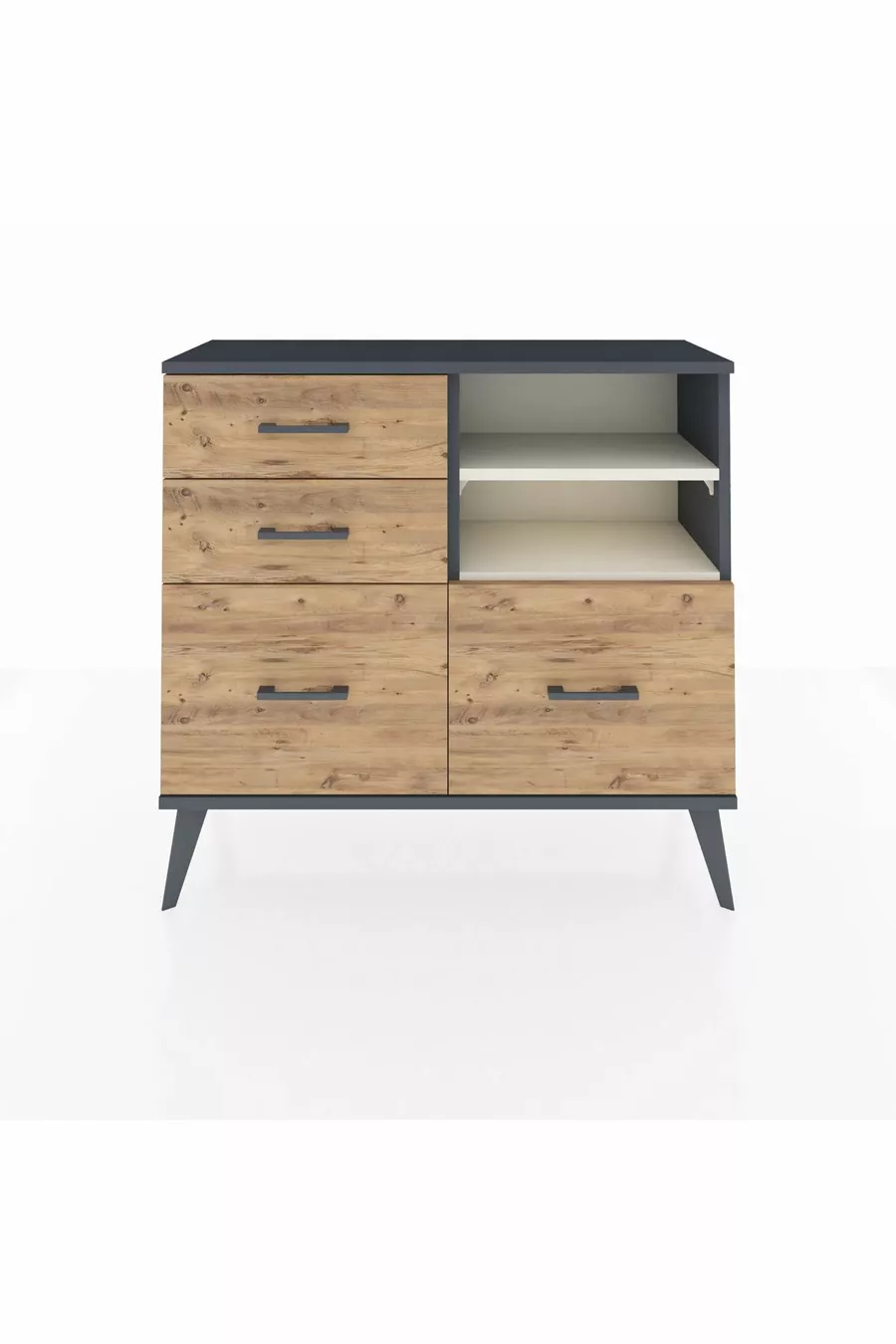 Commode Arges 2 étagères 4 tiroirs Anthracite-Pierre de lune/Merisiers