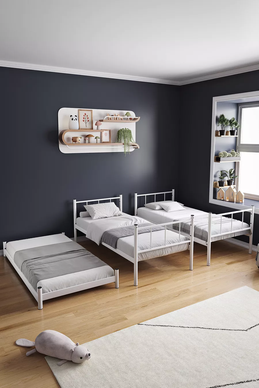 Lit superposé Tekno avec tiroirs, compatible pour 3 personnes, métal blanc
