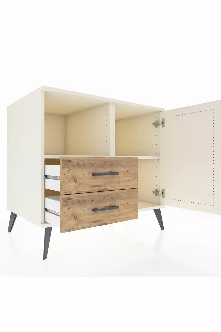 Commode Kronos avec 2 étagères, 2 tiroirs et 1 porte, Pierre de lune/Pierre de lune/Pin